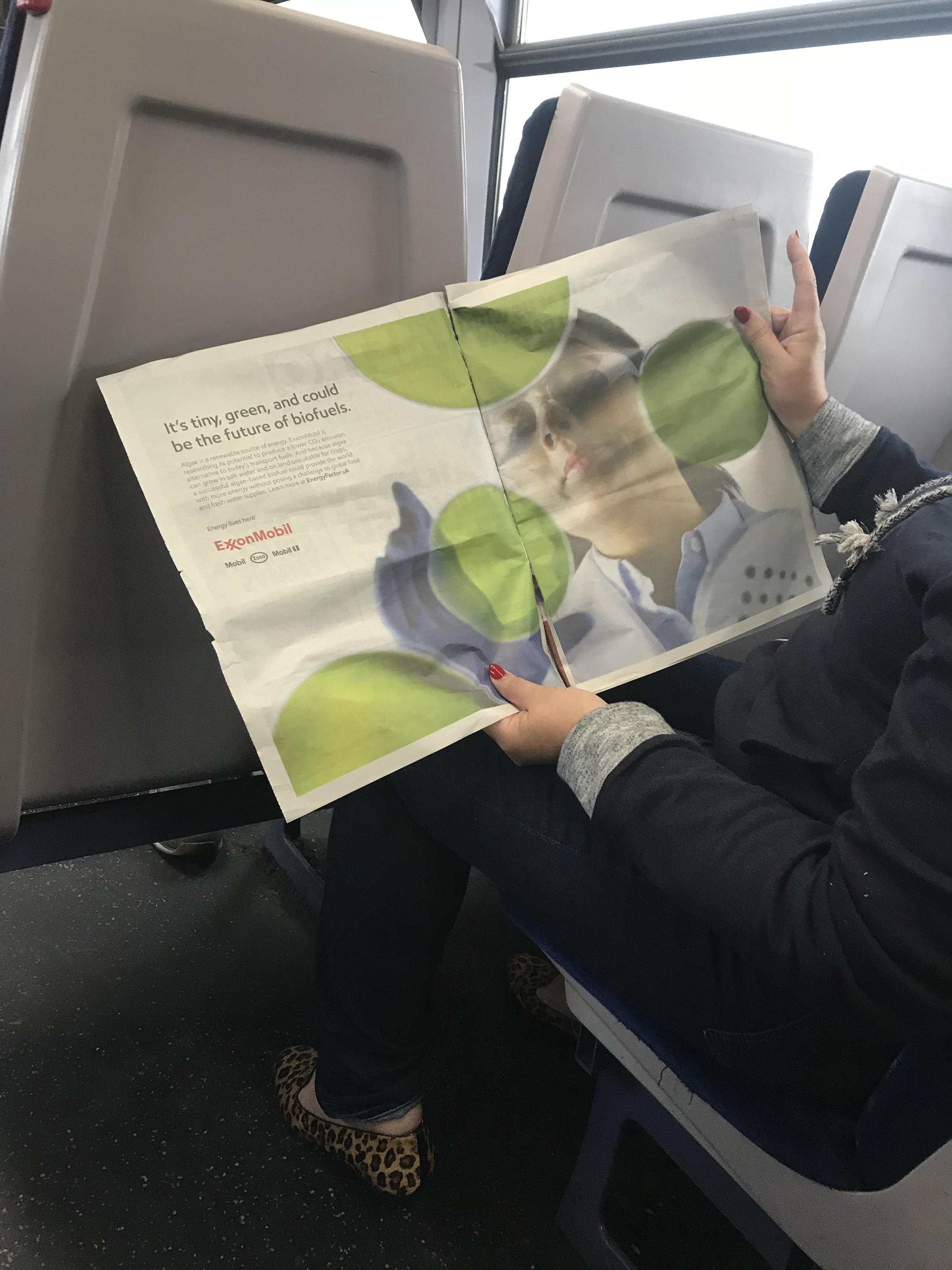 Person reading a newspaper on the train