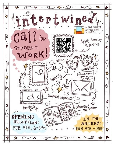 Poster for call for work for the "intertwined" exhibition.  Apply by February 5th. 