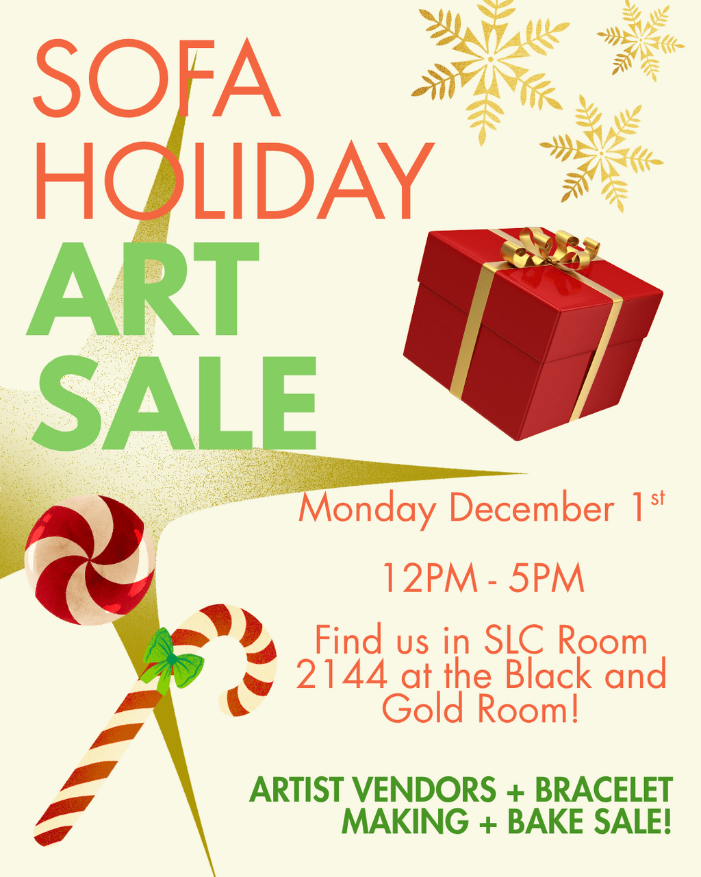 Poster for Sofa Holiday Art Sale on December 1 in the Student Life Centre, room 2144.  All poster information is in event post.