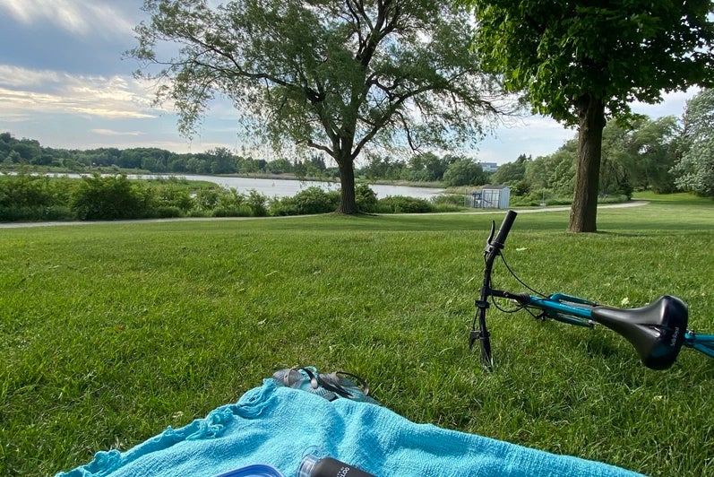 image of a picnic blanket and a bike on grass