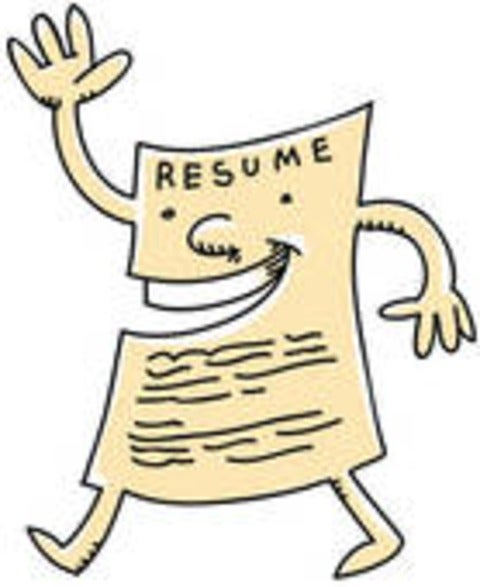 Clip art of a walking piece of paper, waving to viewer, with resume written across the top