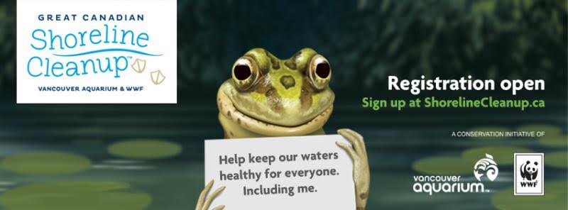 Shoreline clean up banner with cartoon frog holding a sign with text, "Help keep our waters healthy for everyone. Including me."