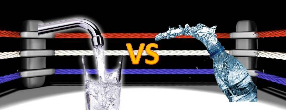 Cartoon of tap water versus bottled water in a boxing ring