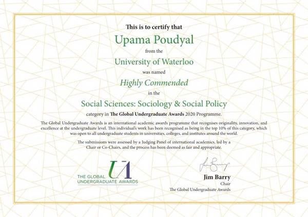 Upama Poudyal's Global Undergraduate Award certificate.