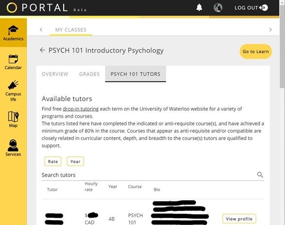 Image of UWaterloo Portal website with a list of tutors for PSYCH 101.