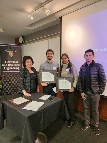 Dr. Ladan Tahvildari with Honourable Mention recipients Guilherme Campos and Eshani Nandy for their project Alfred: A Self-Adaptive Jenkins. Also pictured is Dr. Tahsin Reza, one of the competition judges.