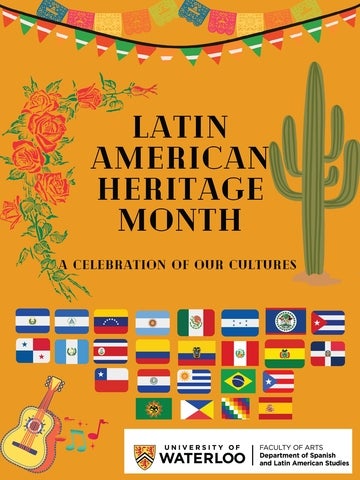 Ilustration featuring a cactus, strands of roses, hanging decorations and flags representing all of the countries in Latin America (South America)