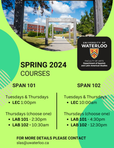 Green poster with picture of Waterloo campus. 