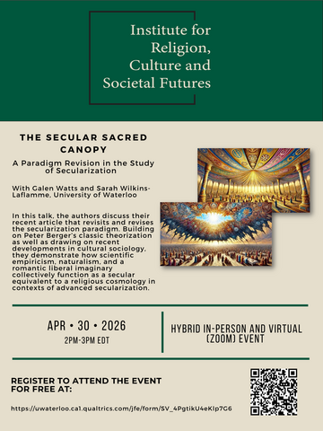 Poster for IRCSF event The Secular Sacred Canopy featuring book cover image and event information found in the text of this web page.