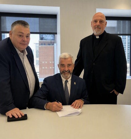 St. Jerome's Board of Governors Chair, Deron Waldock, St. Jerome's President, Dr. Peter Meehan, and Very Rev. Jeffrey S. Burwell, SJ Provincial Superior, Jesuits of Canada