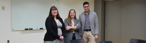 Carol Ann MacGregor, Sarah Laflamme and Galen Watts standing together in a classroom