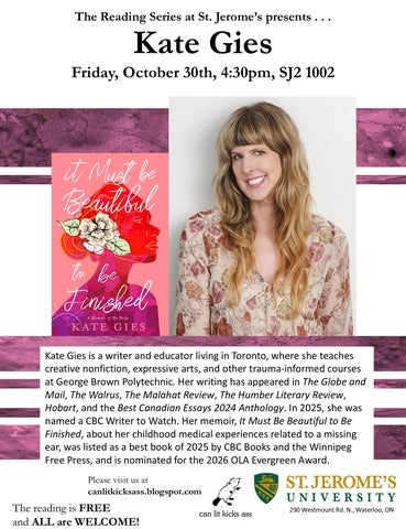 Poster for the Oct 30 Reading Series event with Kate Gies at 4:30p.m. in SJ2 1002.