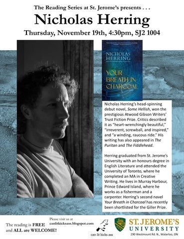 Poster for The Reading Series event with Nicholas Herring on Nov 19 in SJ2 1004.