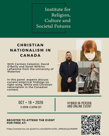 Poster containing information for IRCSF event Christian Nationalism in Canada