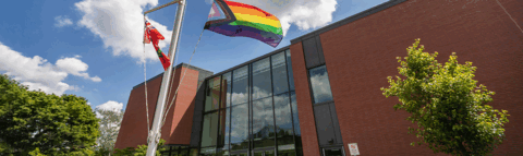 Flag flying on a sunny day outside of St. Jerome's University Atrium entrance 