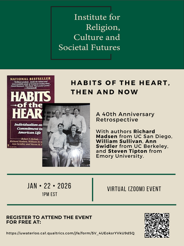 Poster for IRCSF webinar "Habits of the Heart, Then and Now" on January 22, 2026 