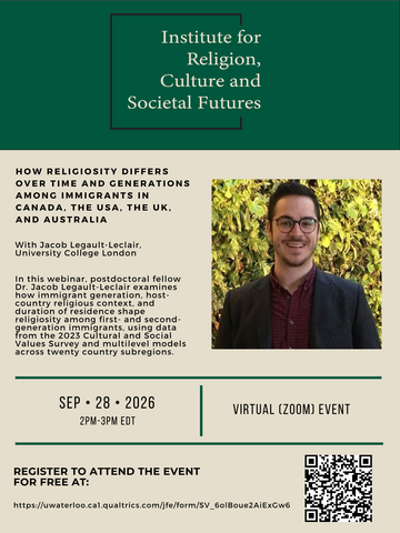 Poster for IRCSF event How Religiosity Differs Over Time  and Generations Among Immigrants in Canada, the USA, the UK, and Australia