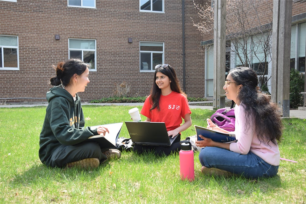 Three students study with books and a computer while sitting in the grass in the sun in the St. Jerome's Courtyard