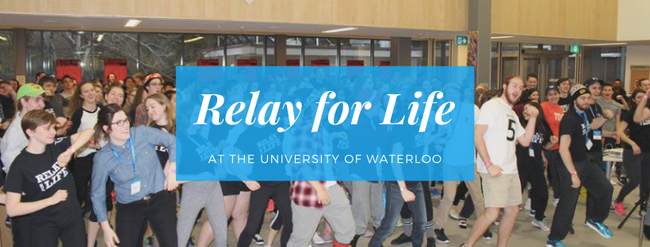 Text "Relay for Life at the University of Waterloo" on top of a blue square, overlaid onto a an image of people dancing