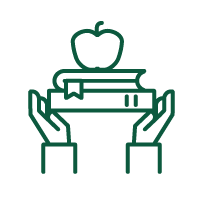 line illustration of hands holding books with an apple on top