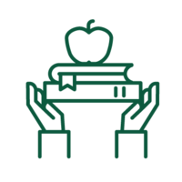 icon showing line illustration of hands holding books with an apple on top