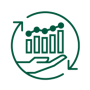 Line illustration of a hand holding a bar graph. Another line graph is shown above.