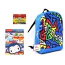 A brightly coloured and boldly patterned backpack, plus an activity book and pack of crayons.