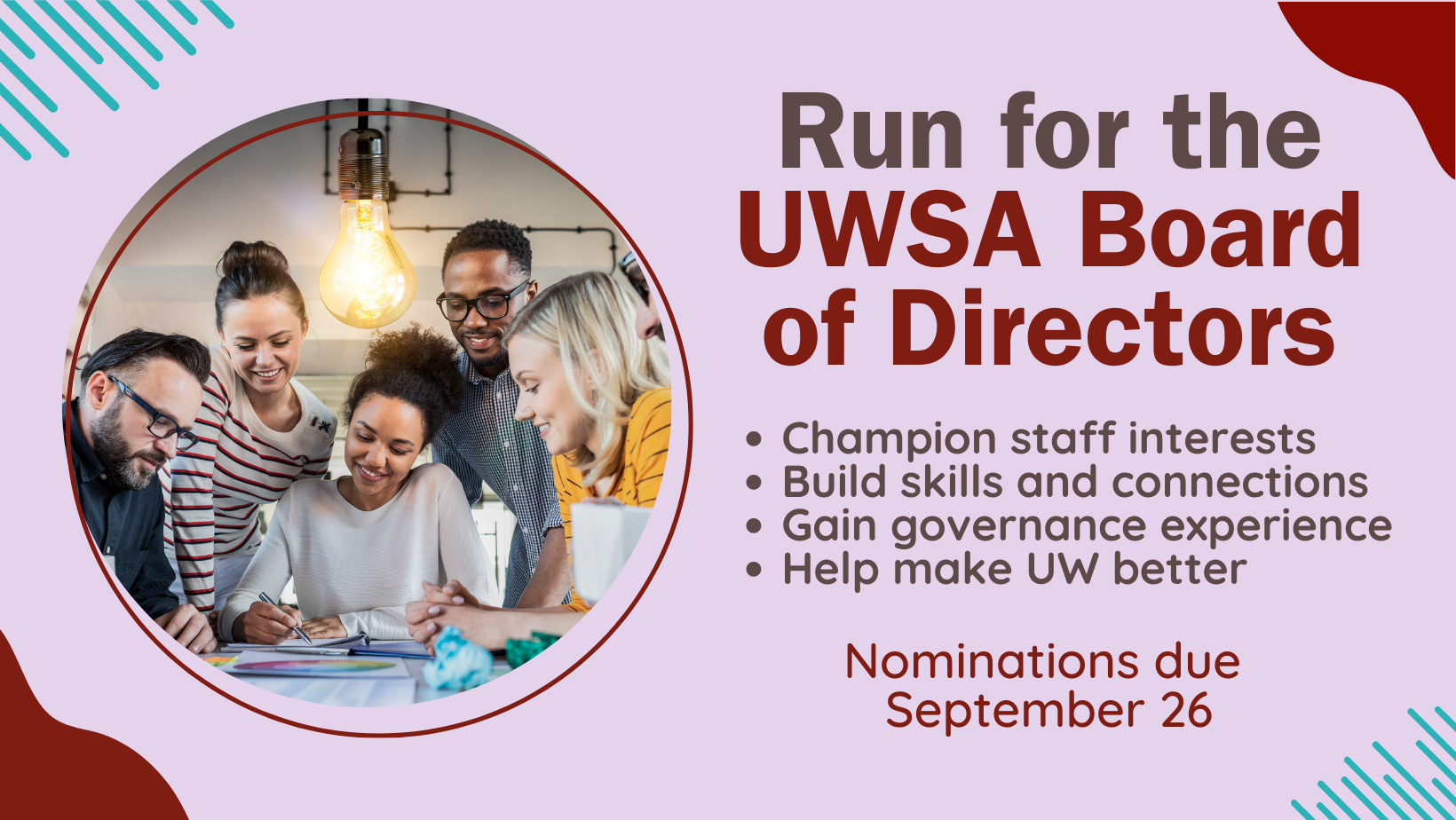 Run for the UWSA Board of Directors. A diverse group of people looking at something together.