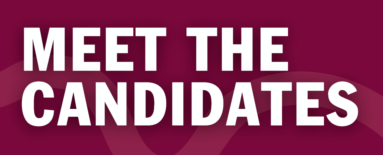 Meet the candidates, in white text on a red background with a transparent wave shape in the background