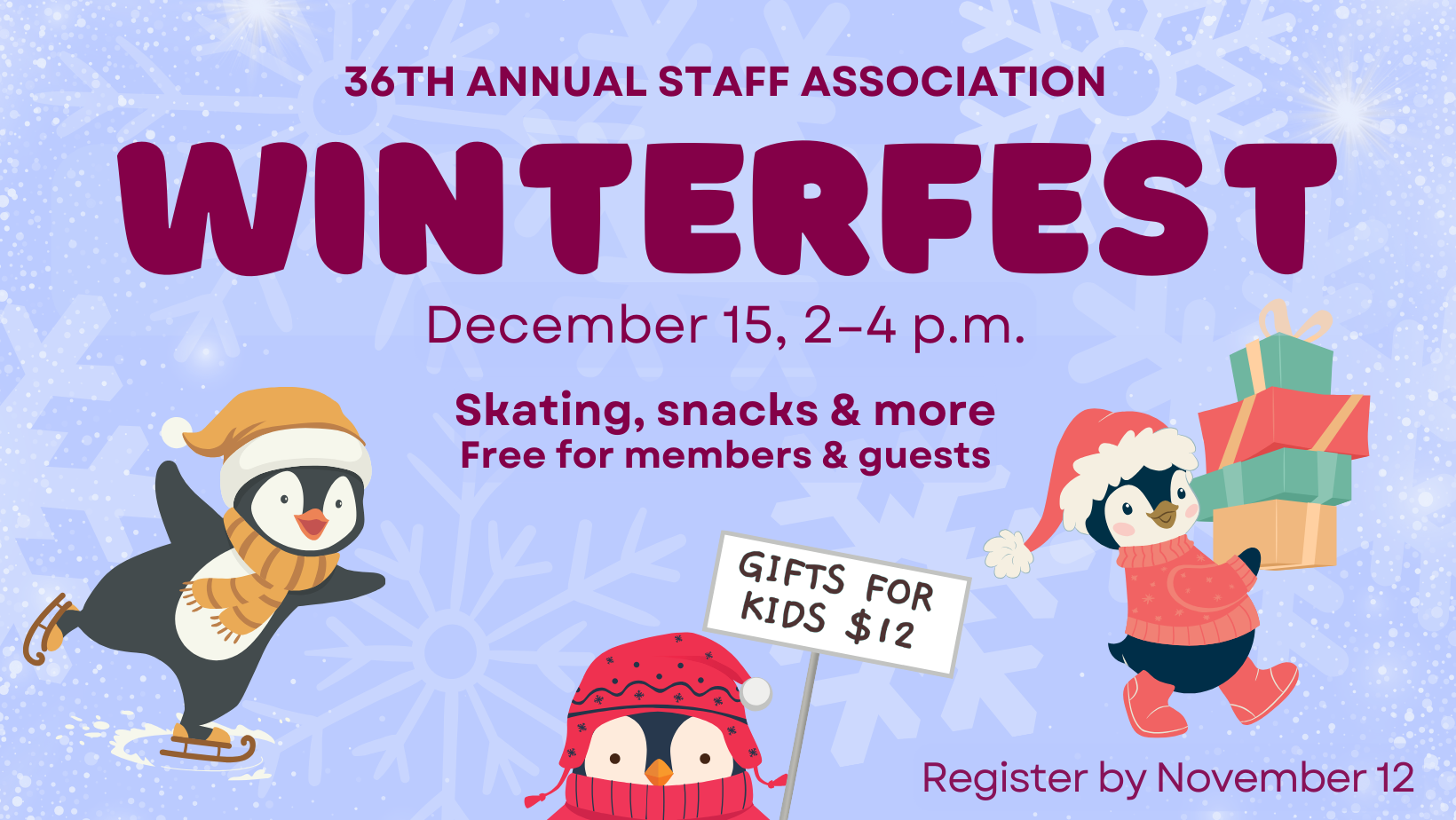 Winterfest banner with cute penguins skating