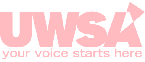 "Your voice starts here" under the UWSA logo. The logo is the letters U W S A in bold font, with a triangle shape bursting up and to the right out of the letter A.