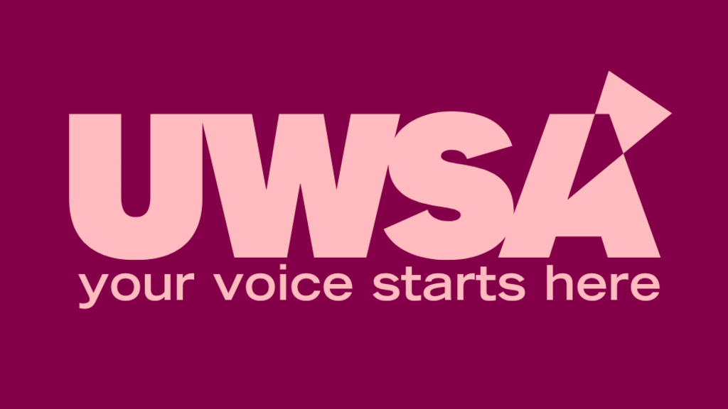 "Your voice starts here" under the UWSA logo. The logo is the letters U W S A in bold font, with a triangle shape bursting up and to the right out of the letter A.