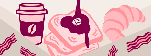 Banner with bacon, coffee cup, toast, and croissant graphics