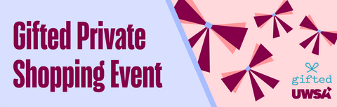 text reads Gifted private shopping event with four red bows above logos that read Gifted and UWSA