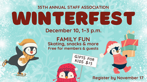 Penguins skating and carrying gifts.