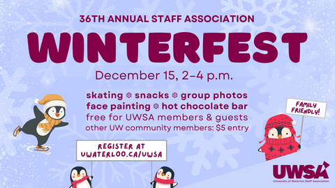 cute penguins skating and holding signs with event information.