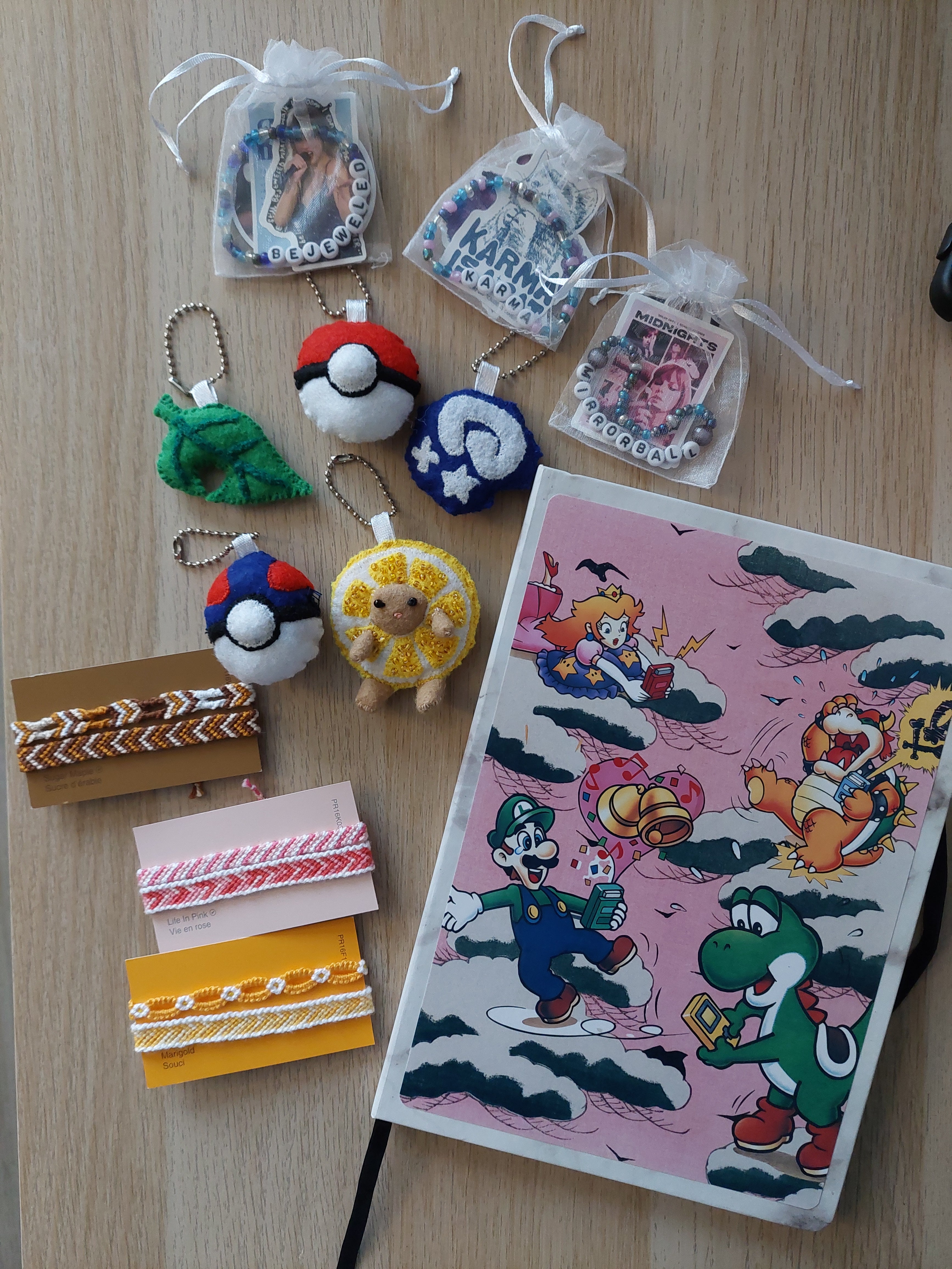 Assortment of keychains and bracelets