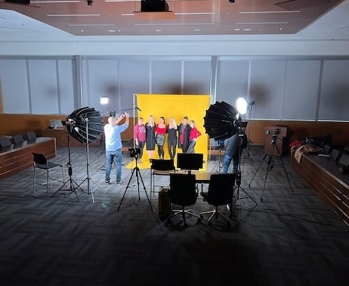 A wide shot showing the full filming set up.