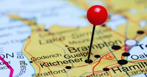 map of Ontario with pin in at Kitchener