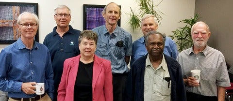 (From the left) Jerry Lawless, Jock Mackay, Mary Thompson, Winston Cherry, Steve Brown, Bovas Abraham, and Jack Robinson.