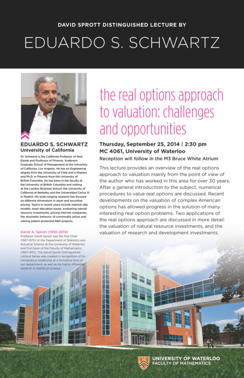"The real options approach to valuation: challenges and opportunities" lecture poster.