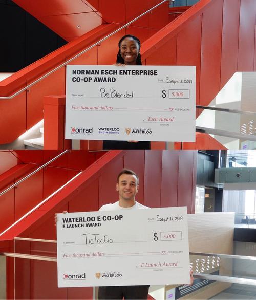 Aileen, top and Lucas, bottom hold their large $5,000 cheques