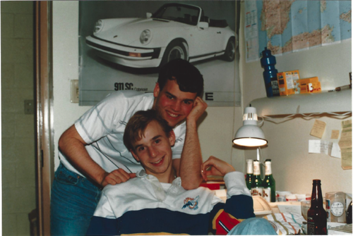 Brad Siim and James Cherry in their residence room in the 1980s