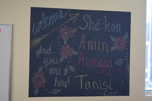 A chalkboard in the Waterloo Indigenous Student Centre with welcome written in different Indigenous languages