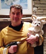 Steve Hill in Star Trek gear with dog willow in alien costume