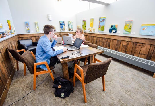Two students studying at a desk in the Edward Jackman Reading Room