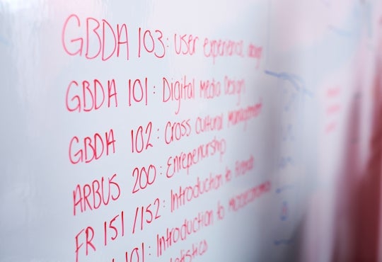 GBDA courses written on a whiteboard wall