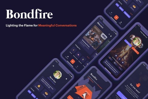Mock ups of the App Bondfire, with the text reading, Lighting the flame for meaningful conversations.