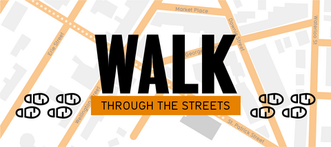 Walk through the streets logo, with map of Stratford below text.
