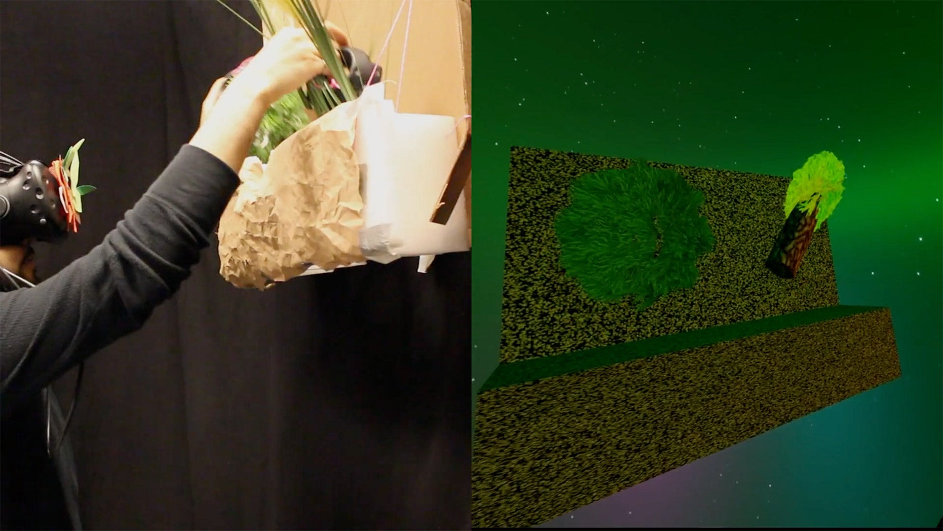 Person using VR headset and interacting with physical object like a tree, with screenshot of VR experience beside it.